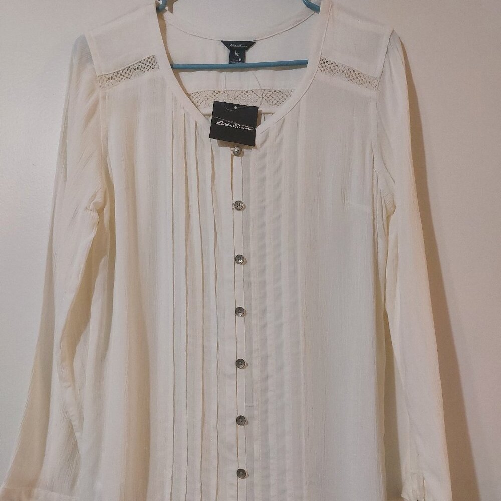 Women NWT Eddie Bower Ivory Thistle Crochet Button Up Medium Long Sleeve Blouse